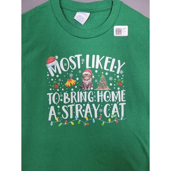 Most Likely To Bring Home A Stray Cat Christmas T-Shirt Kids Size Medium - Picture 2 of 5